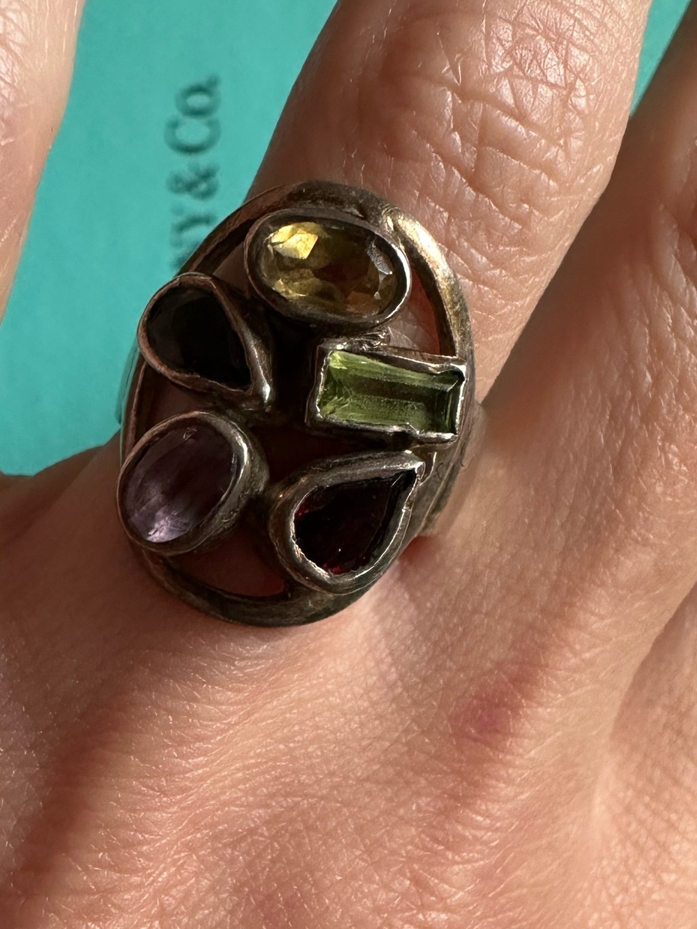 Vintage Sterling Multi Color Semi Precious Stone Ring Size 6